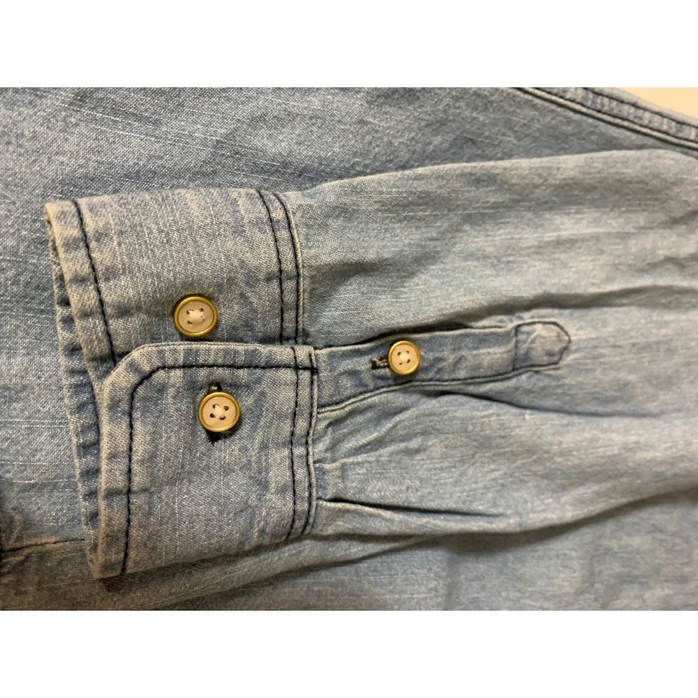 Bit & Bridle Women Light Denim Pearl button Shirt‎ Cowgirl Rodeo Western Large